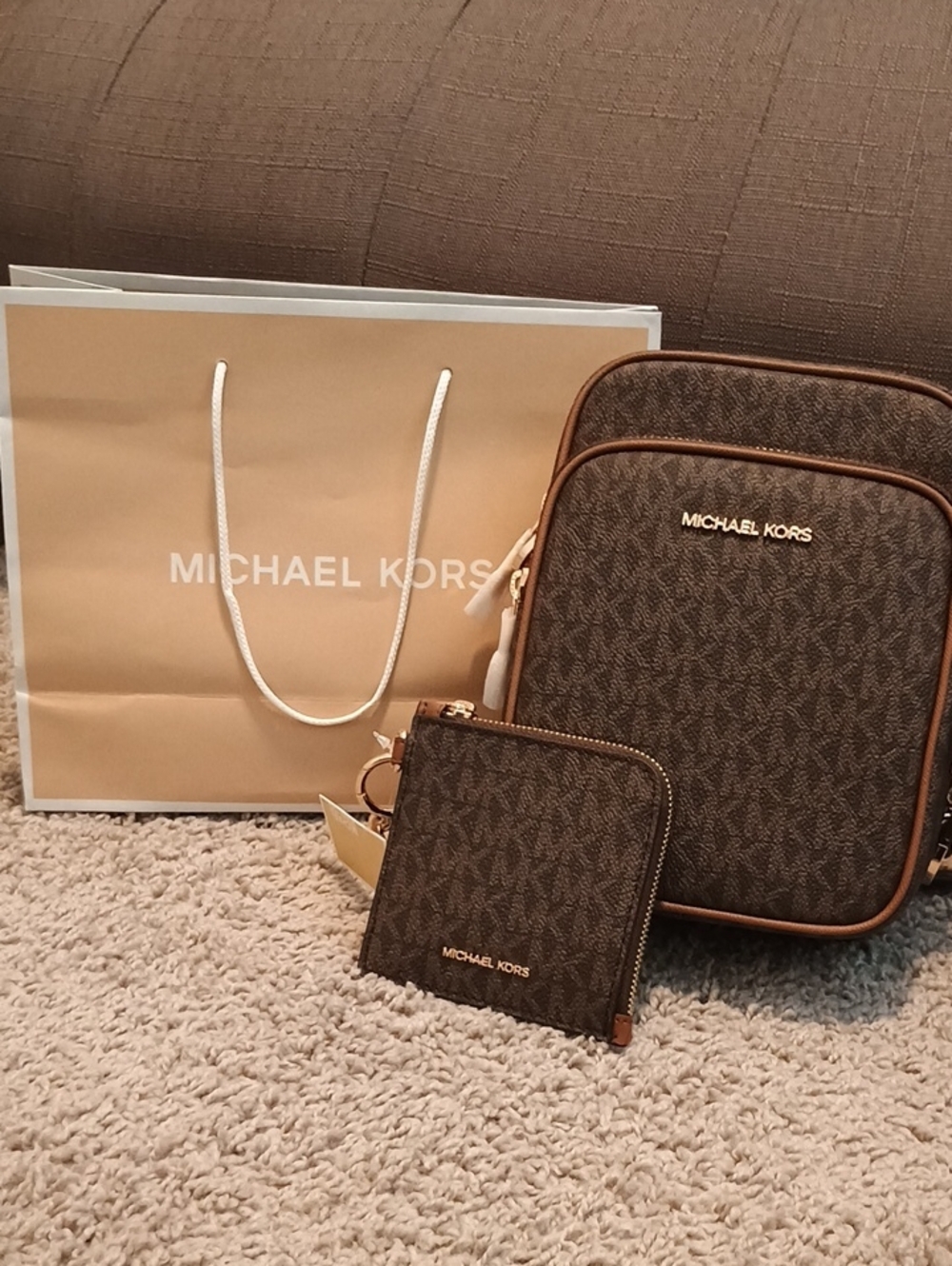 Michael Kors Brown Monogram Messenger Bag with Matching Wallet